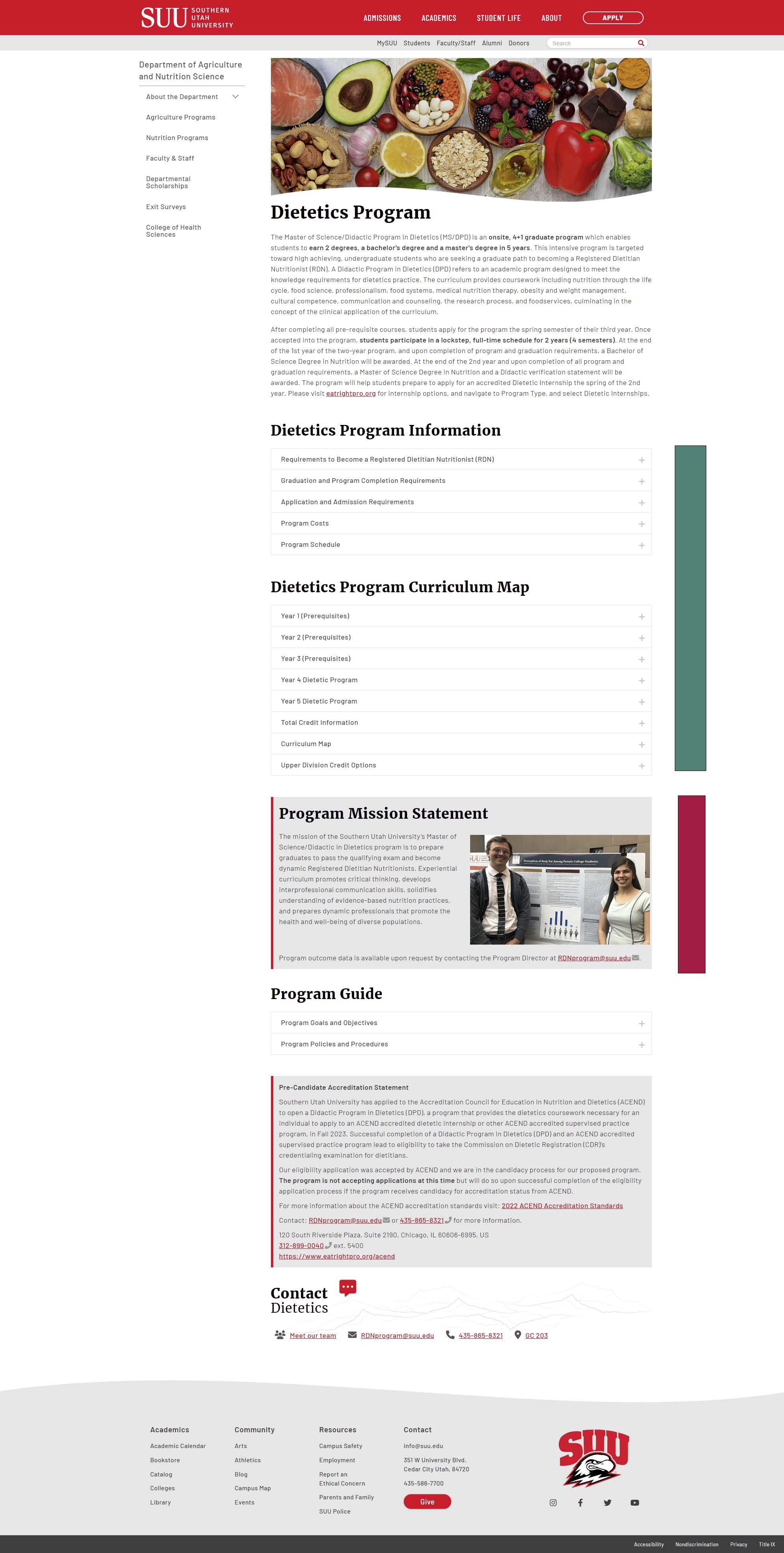 A screenshot of SUU's Dietetics program page.