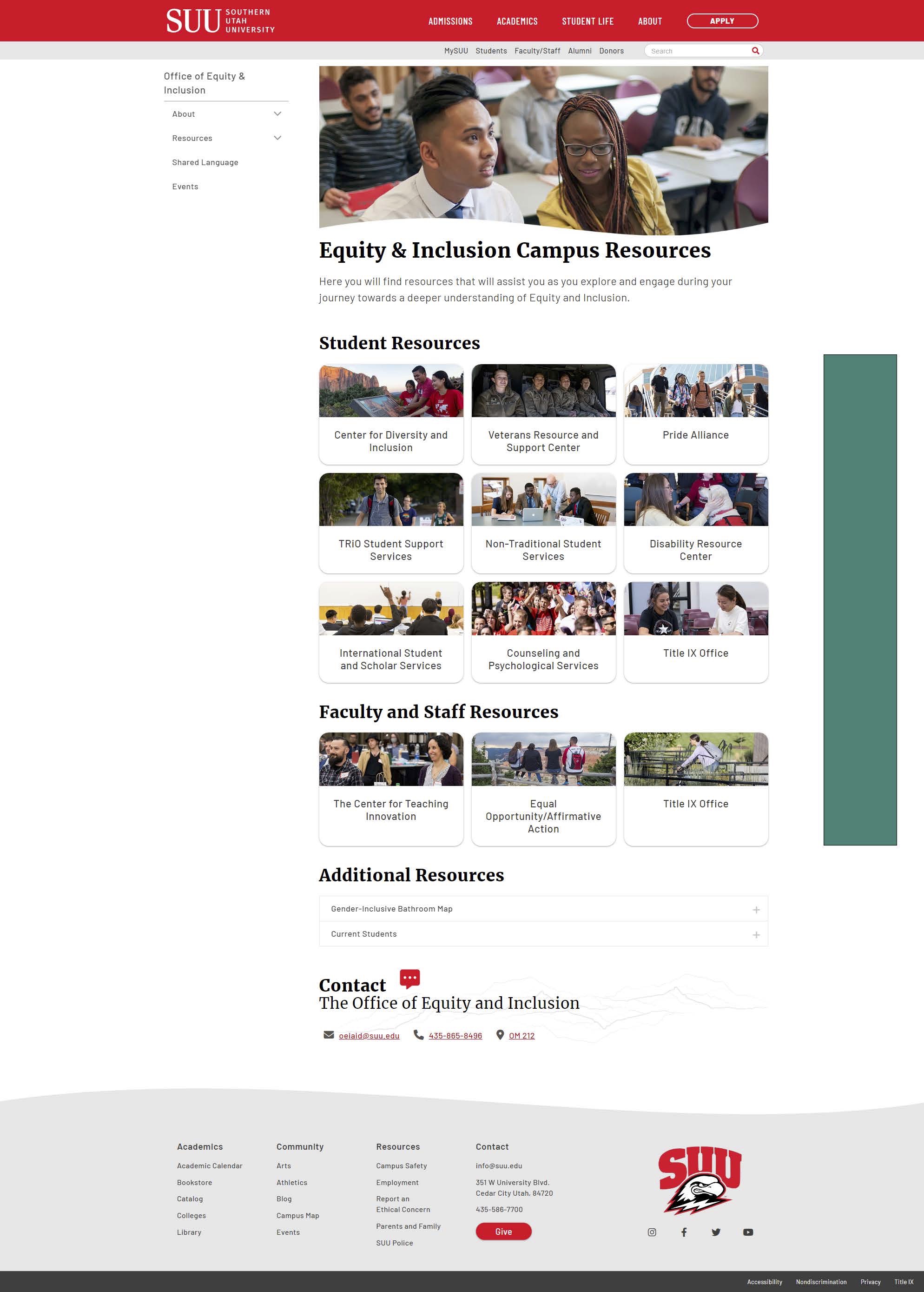 A screenshot of SUU's Equity Resources page.