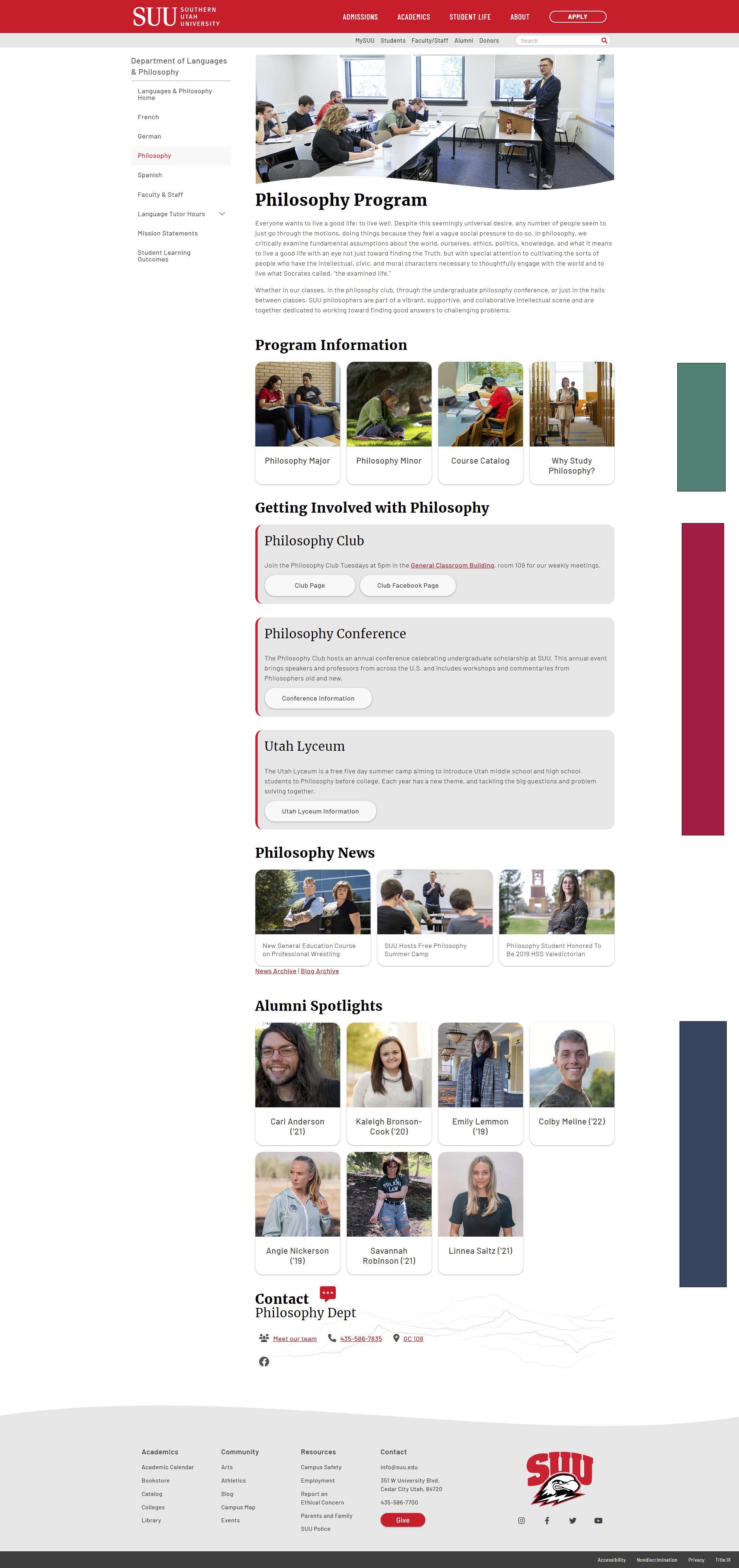 A screenshot of SUU's Philosophy program page.