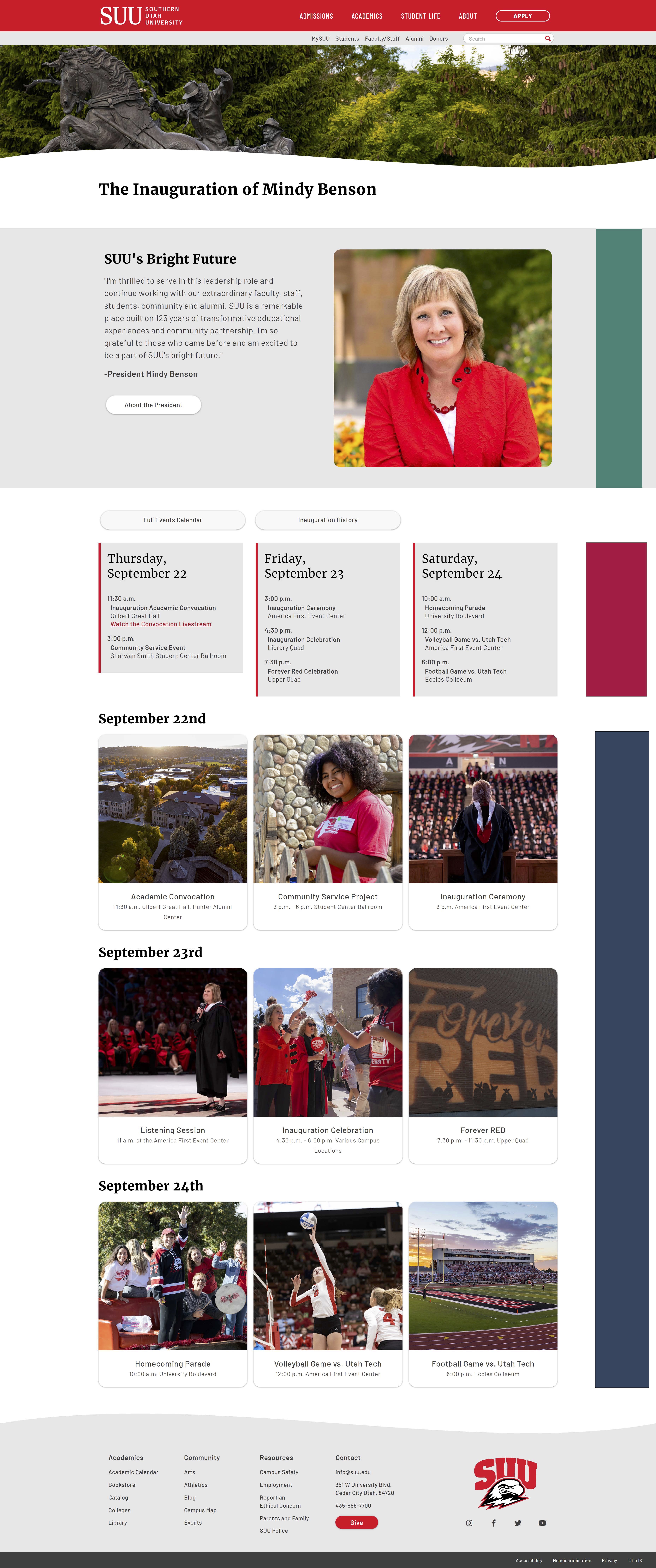 A screenshot of SUU's Inauguration page.