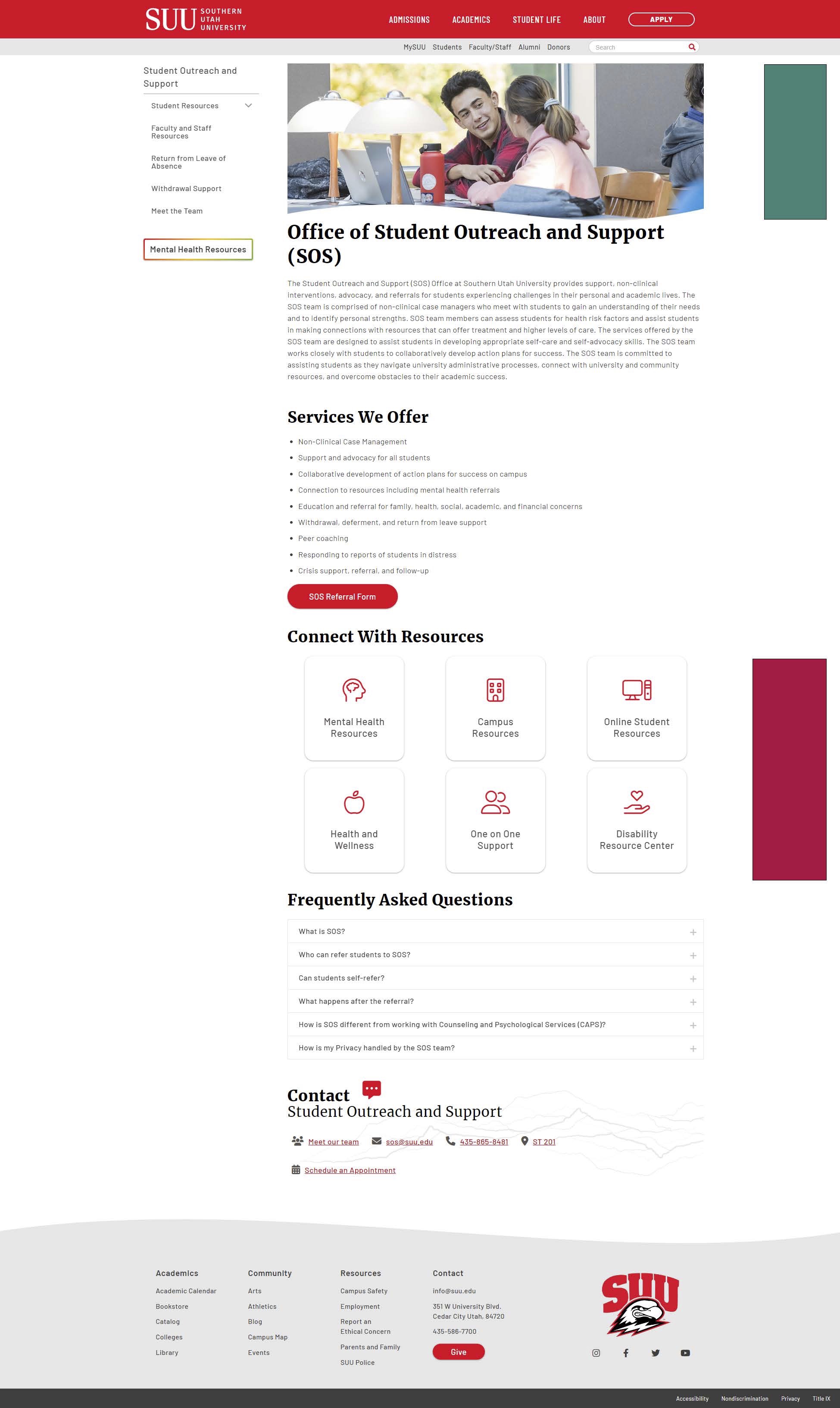 A screenshot of SUU's Student Outreach and Support page.